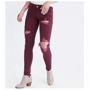 American Eagle AEO Twill Burgundy Skinny Jeggings, Size 2, Jeans Low Rise Skindi
